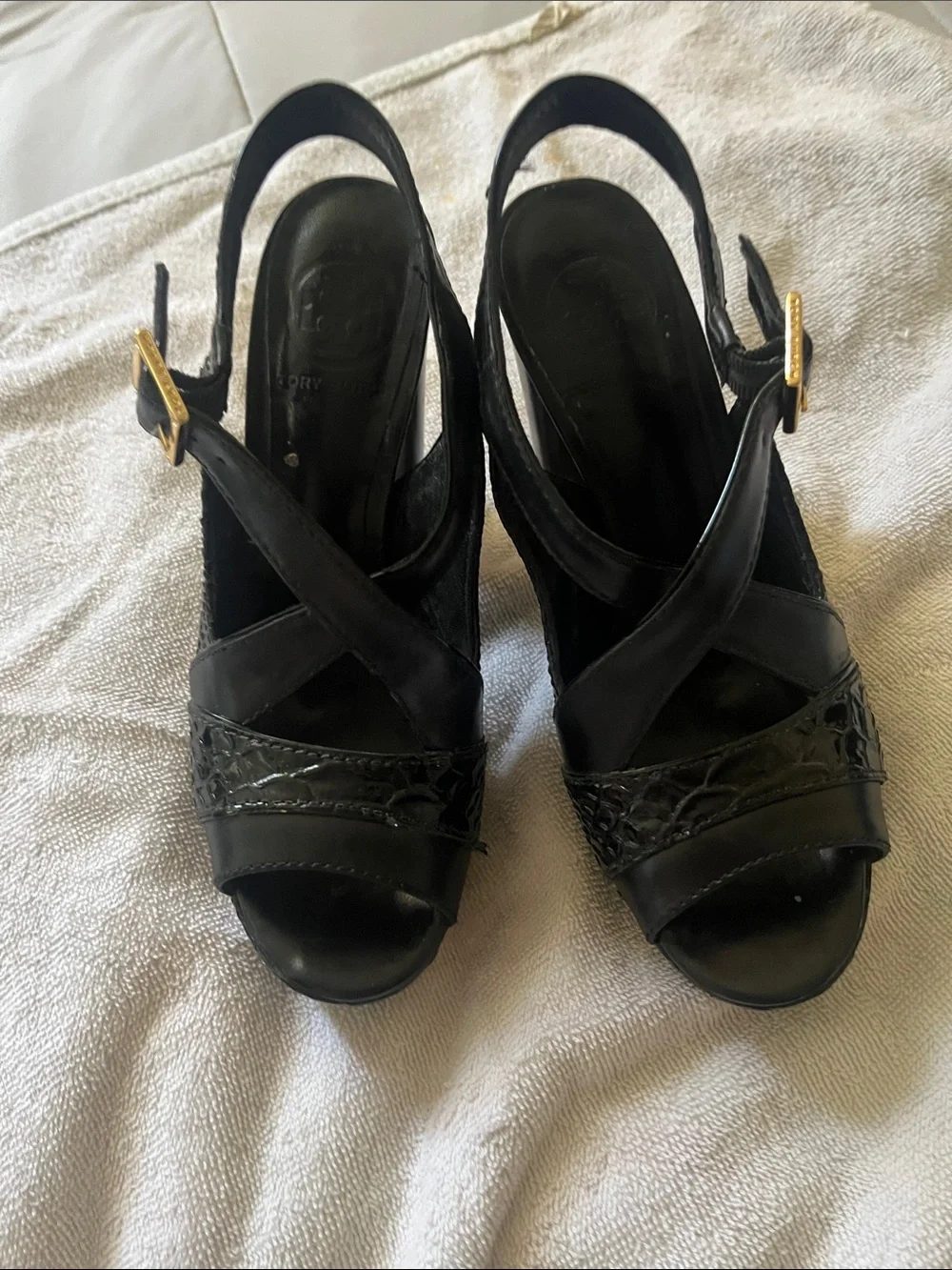 Tory Burch Black Leather Crisscross Slingback Heels with Gold Buckles